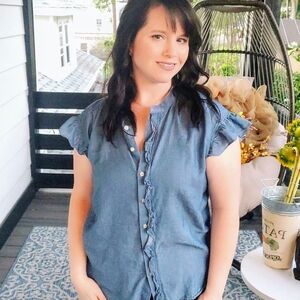 LOFT Chambray Ruffle Button Down Top | Petite Small Flutter Sleeve